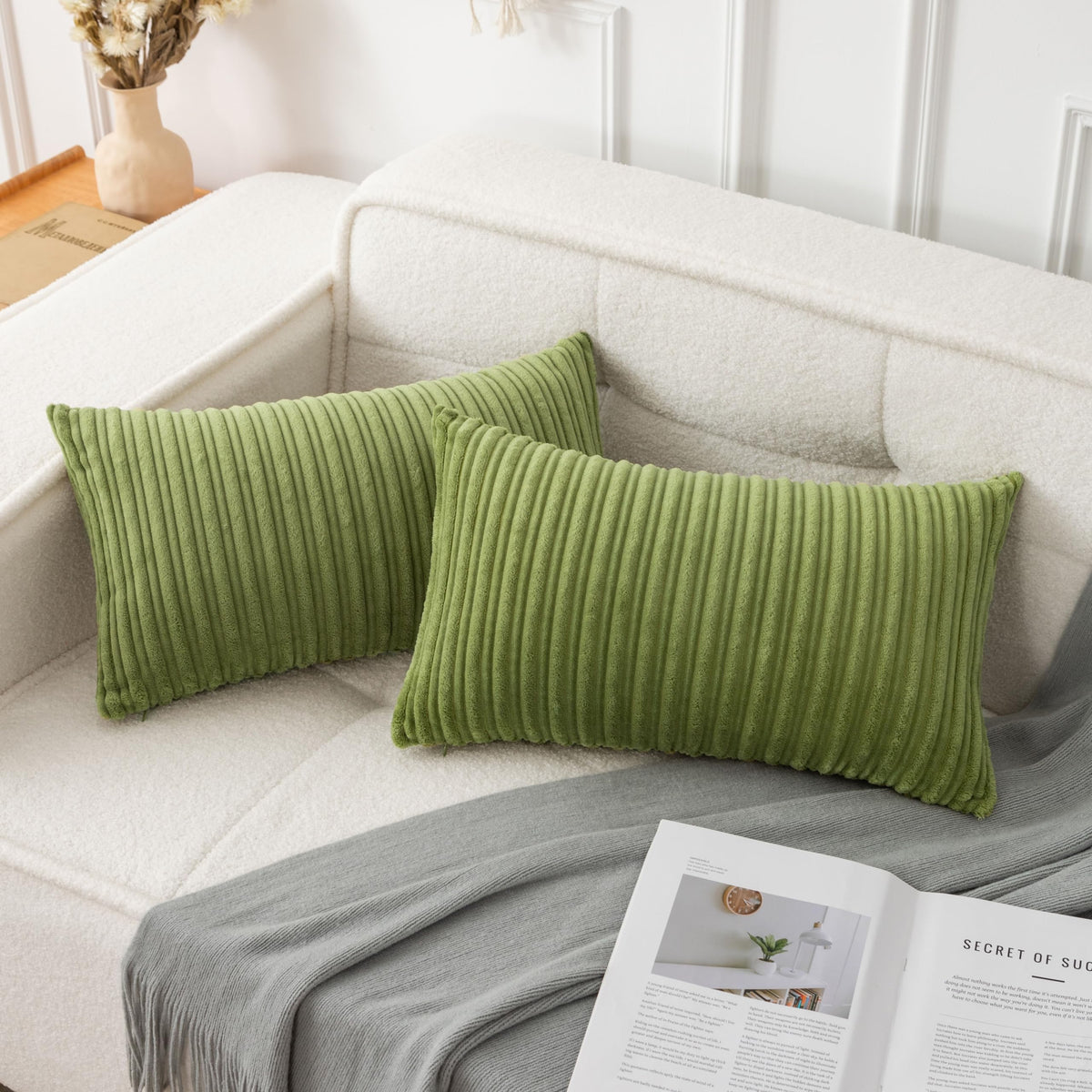 UGASA Velvet 12x20 Inch Lumbar Soft Throw Pillow Cover Boho Farmhouse Decorative Corduroy Striped Both Sides Solid Rectangular Cushion Case for Couch Bedroom Sofa Home, 1 Piece, Beige