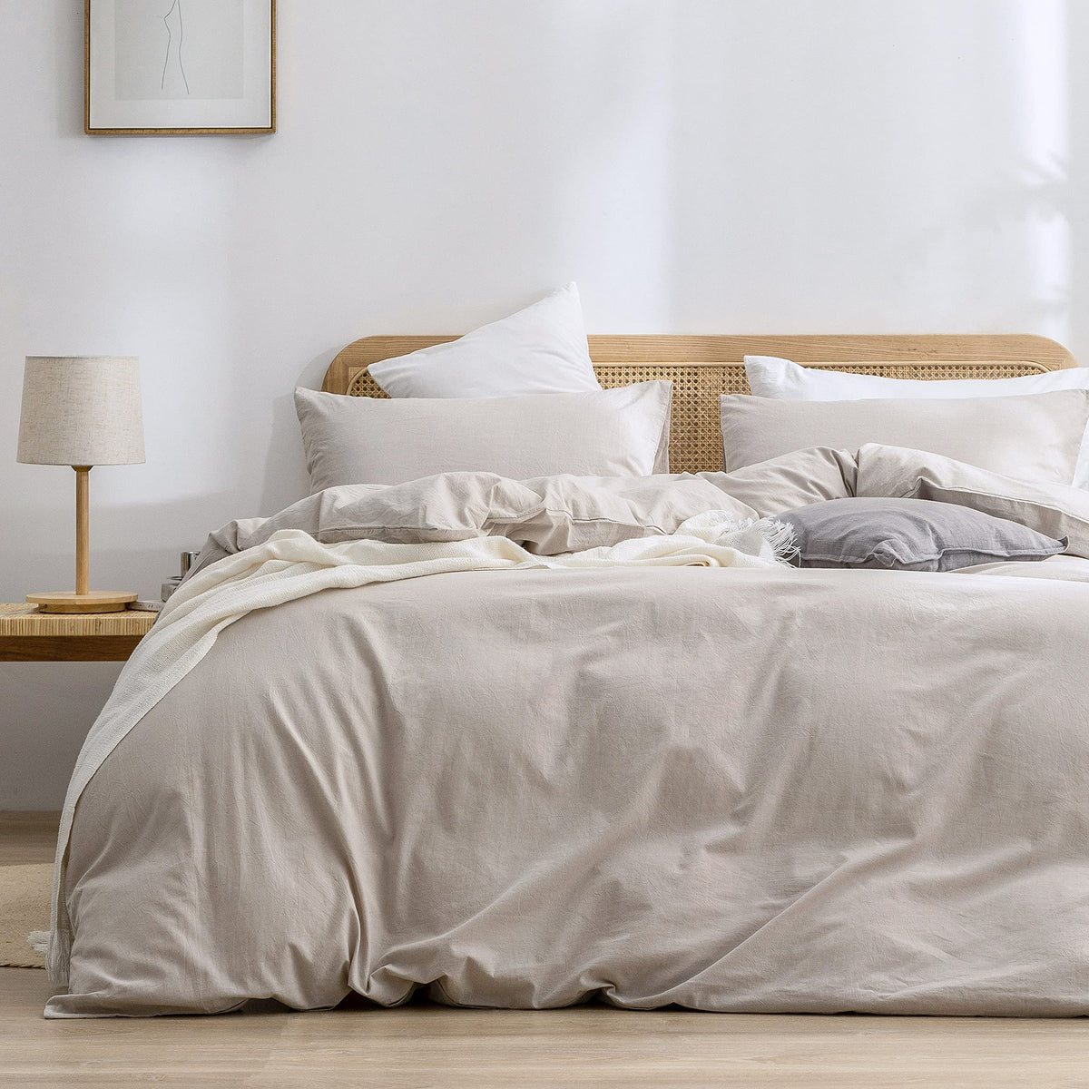 BESTOUCH Cotton Solid Duvet Cover Set Linen Feel Off White Queen