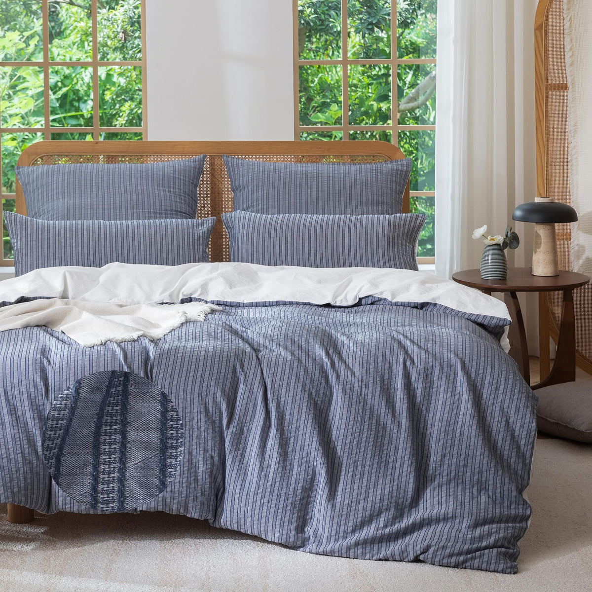MILDLY Jacquard Striped Duvet Cover Set 3pcs Dual Zipper Blue Queen