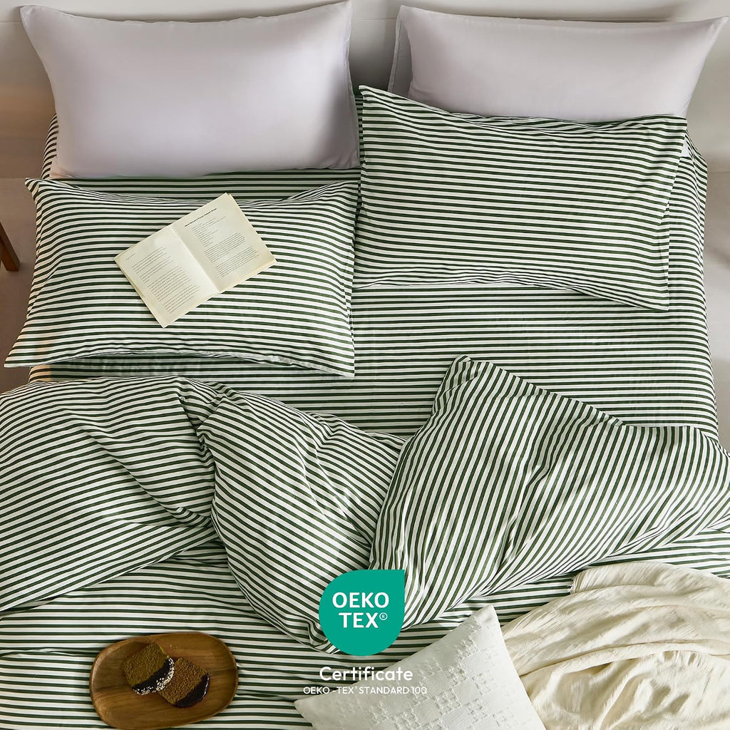 JELLYMONI Cotton Classic Striped Pillowcases Set of 2, Green, Queen