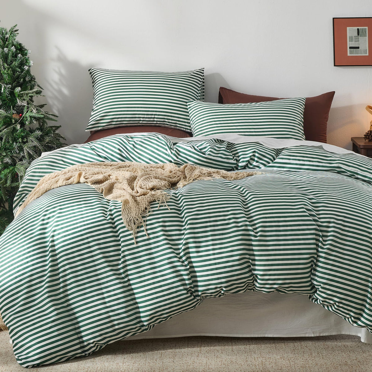 JELLYMONI 100% Cotton Classic Striped Queen Duvet Cover Set, Tan/White