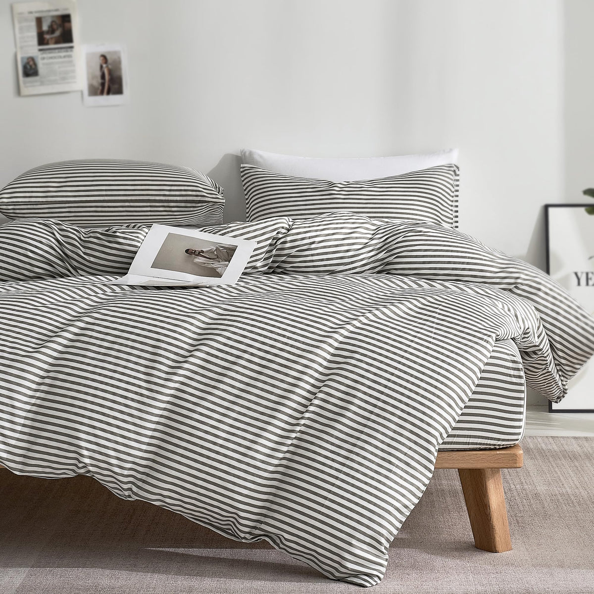 JELLYMONI 100% Cotton Classic Striped Queen Duvet Cover Set, Tan/White