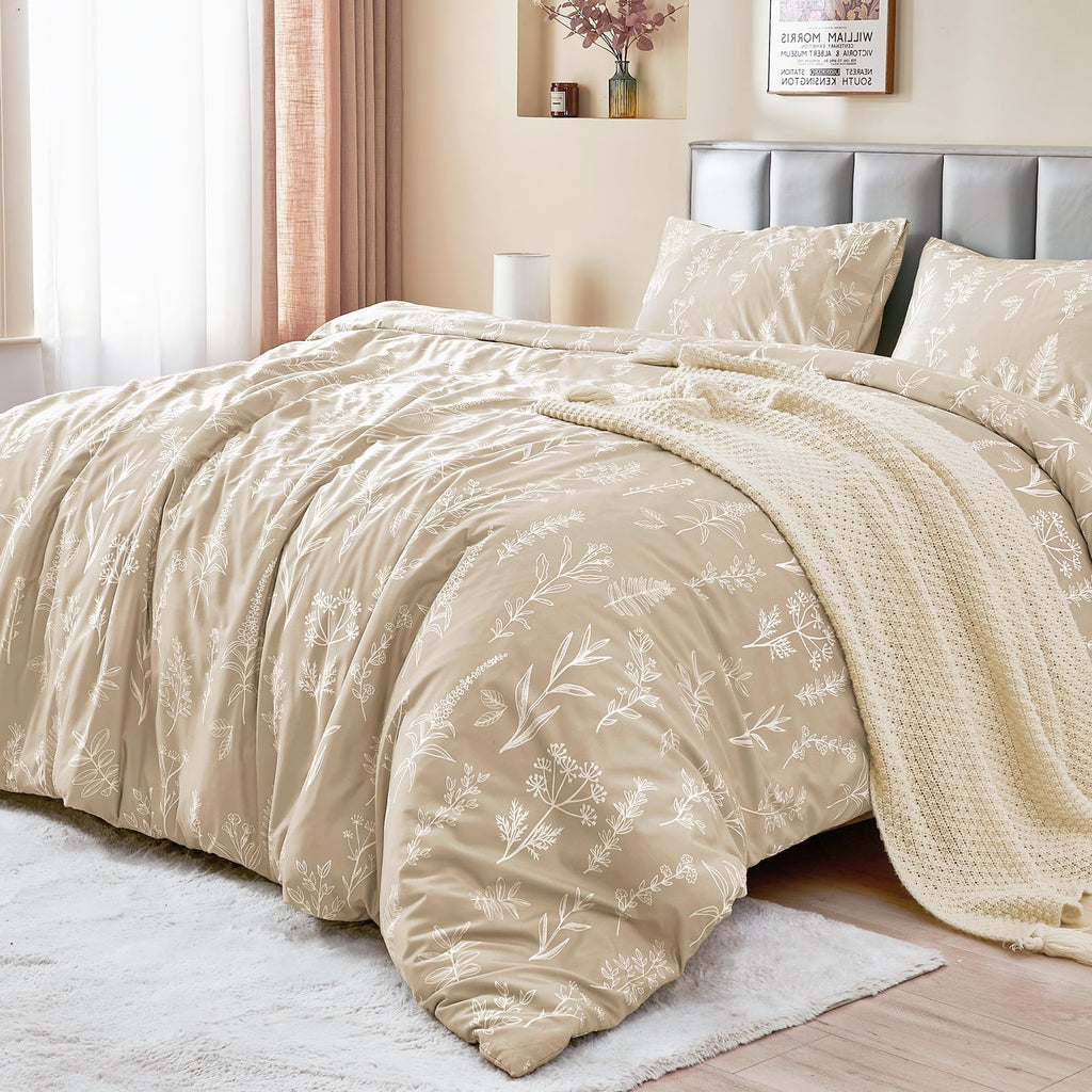 MUXHOMO Duvet Cover Queen Size, Reversible Floral Green Duvet Cover Set with Zipper Closure, 3 Pieces Botanical Patterns Soft Microfiber Bedding Set with 4 Ties (90"x90", 2 Pillow Cases)