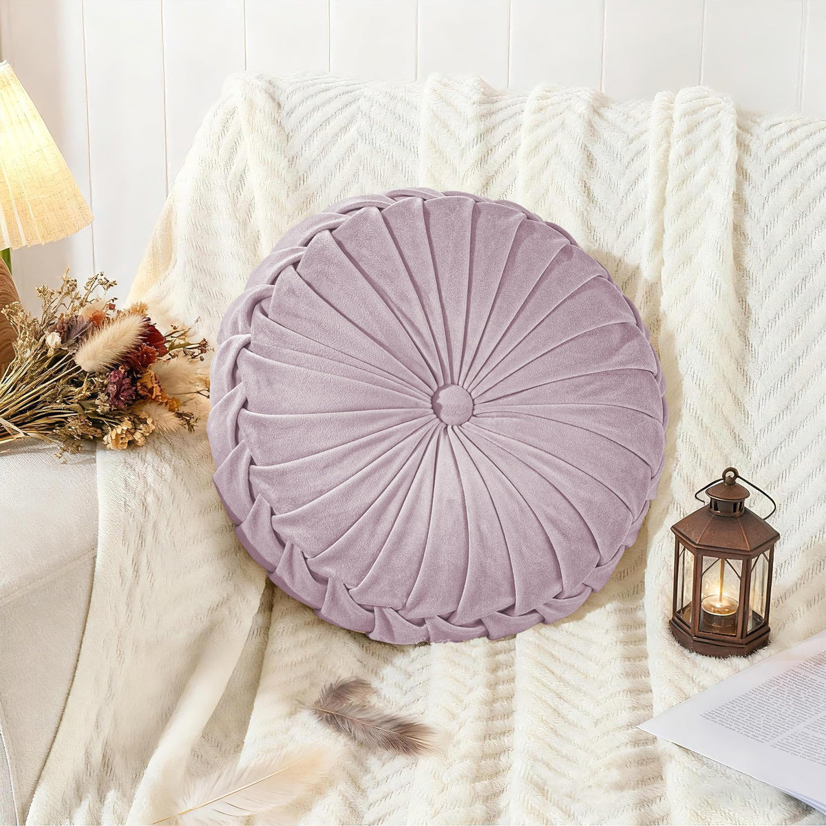 ROSE&RISY Round Pleated Velvet Throw Pillow, 2 Pack Decorative Accent Pumpkin Pillow Cushion for Couch Sofa Bed, Soft Plush Retro Vanity Throw Pillows for Home Decor, 14.5 Inch, Olive Green