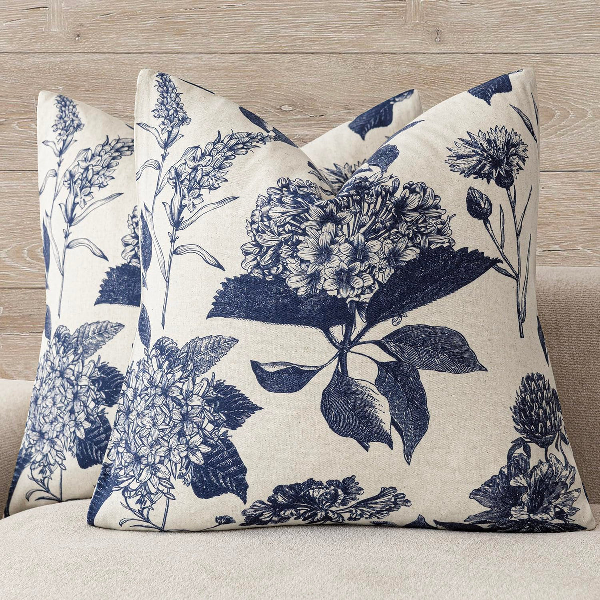 Foindtower Decorative Linen Floral Throw Pillow Covers 18×18 Inch,Blue