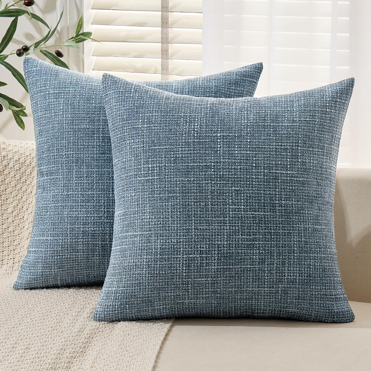 MIULEE Burlap Linen Throw Pillow Covers 18x18 Inch Set of 2 Light Blue