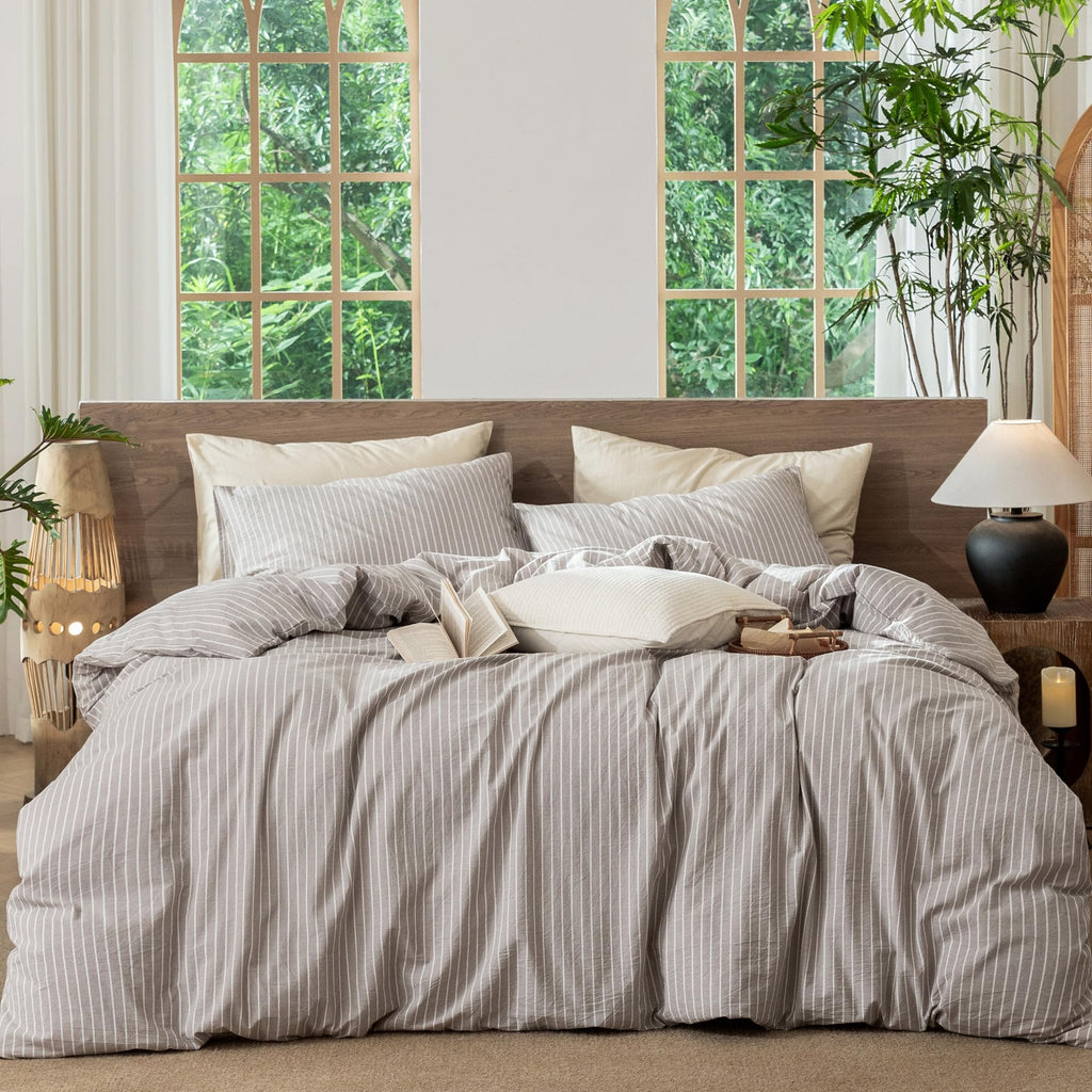 MooMee Striped Duvet Cover Set 100% Washed Cotton Linen Like Queen