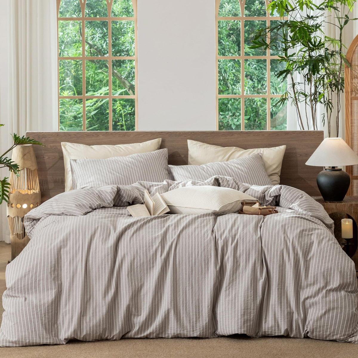 MooMee Striped Duvet Cover Set 100% Washed Cotton Linen Like Queen