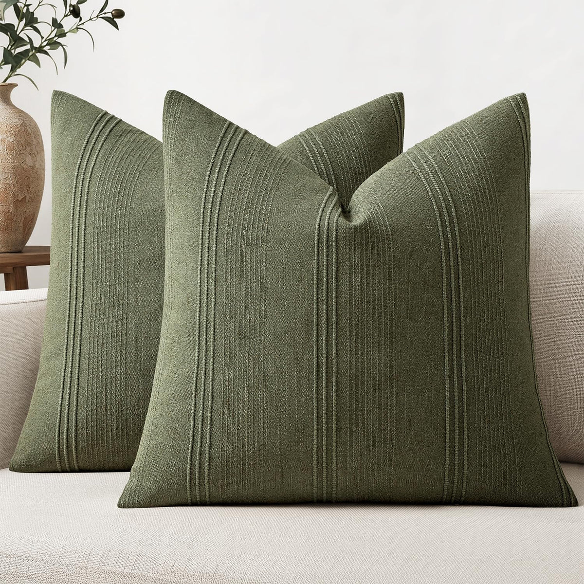 MIULEE Decorative Striped Throw Pillow Covers 18x18 in Natural Beige 2 Pack