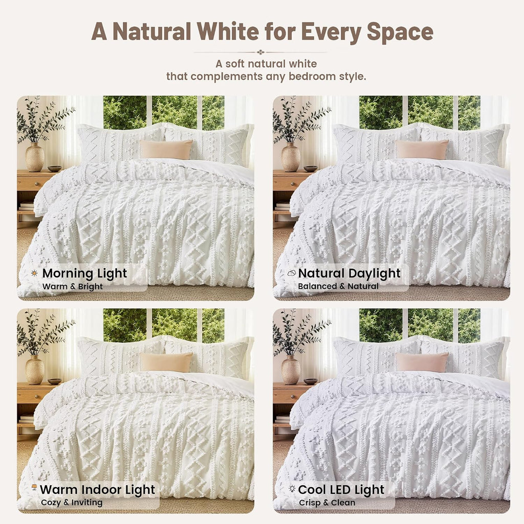 Maple&Stone Boho Duvet Cover Queen, White Tufted 3-Piece Set