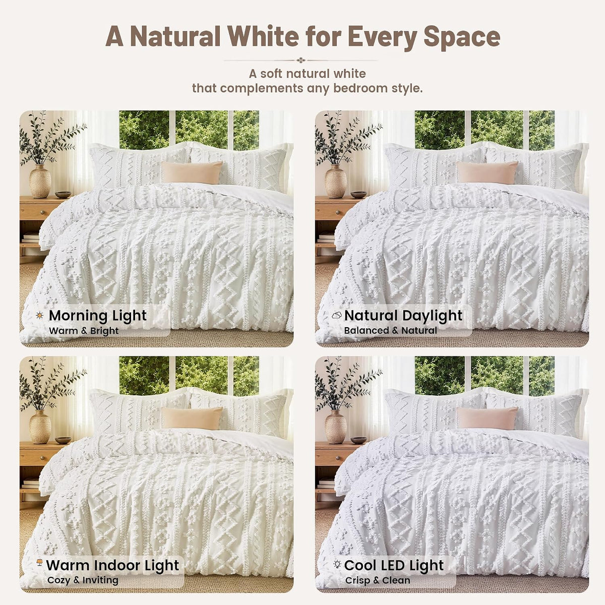 Maple&Stone Boho Duvet Cover Queen, White Tufted 3-Piece Set
