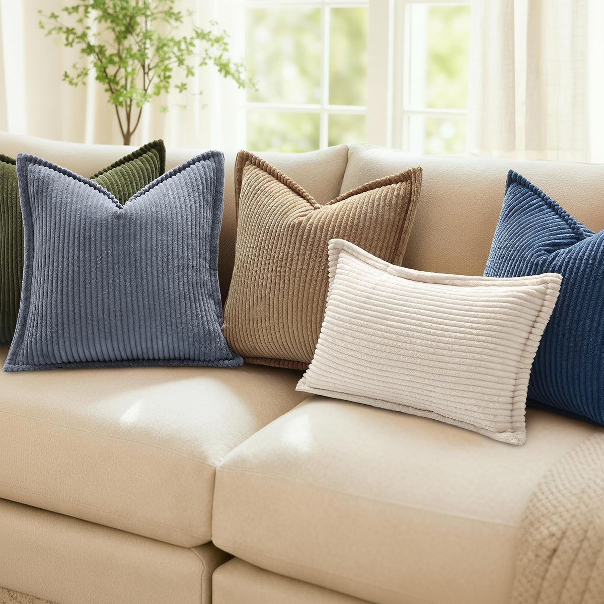 Mecatny Corduroy Fall Throw Pillow Covers 18x18 Set of 2 Olive Green