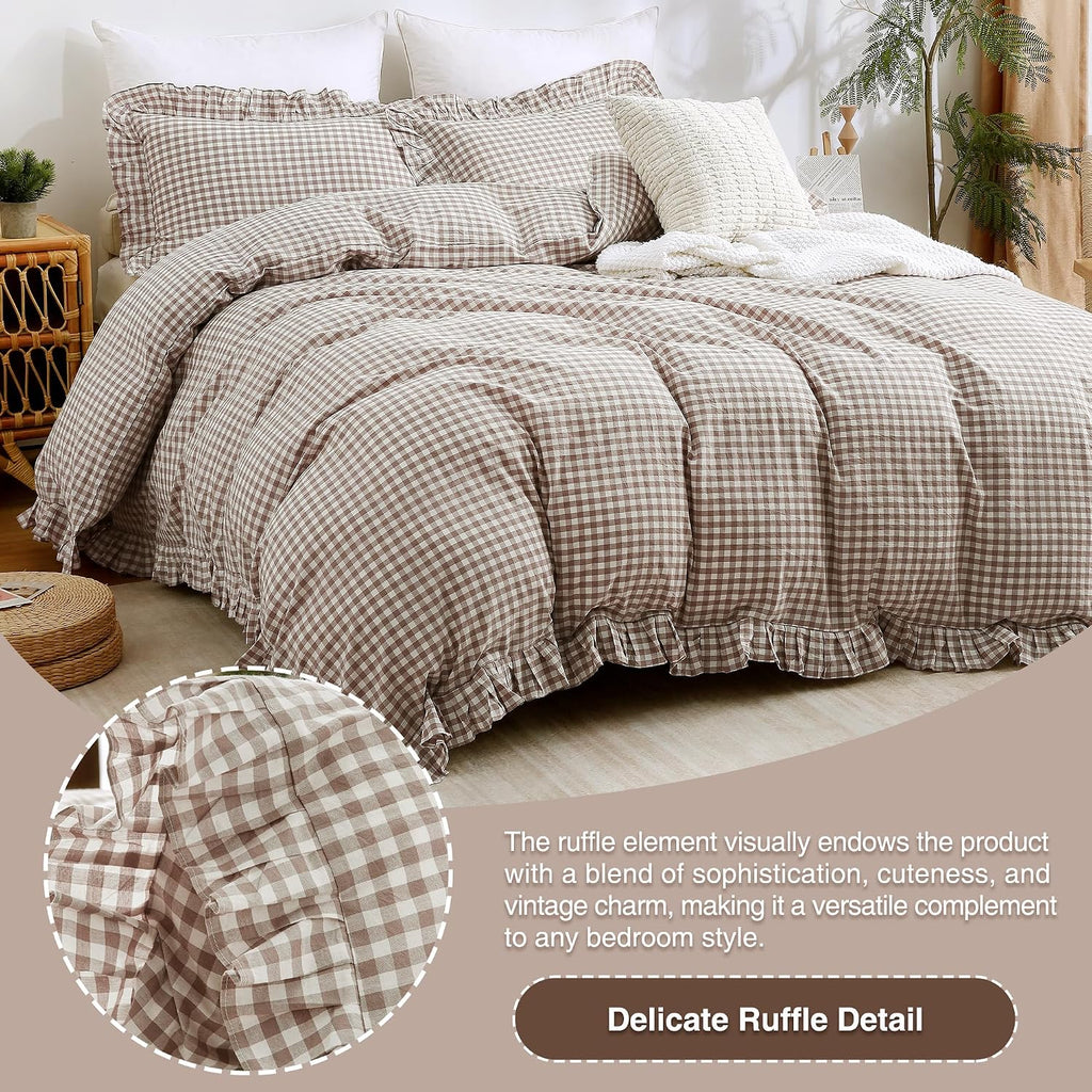 ATsense Tan Gingham Ruffle Duvet Cover Bedding Set Cotton Like Linen, Queen