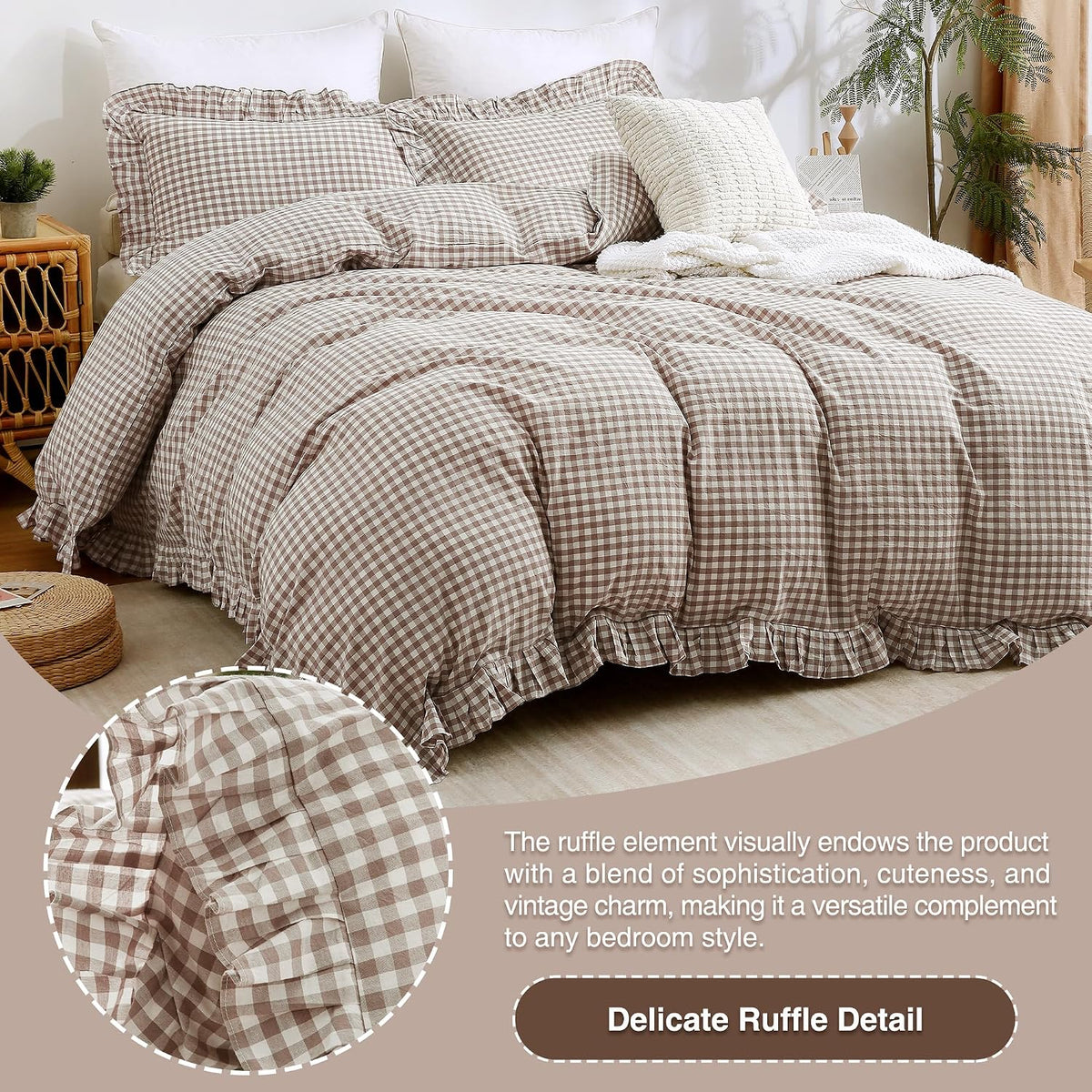 ATsense Tan Gingham Ruffle Duvet Cover Bedding Set Cotton Like Linen, Queen