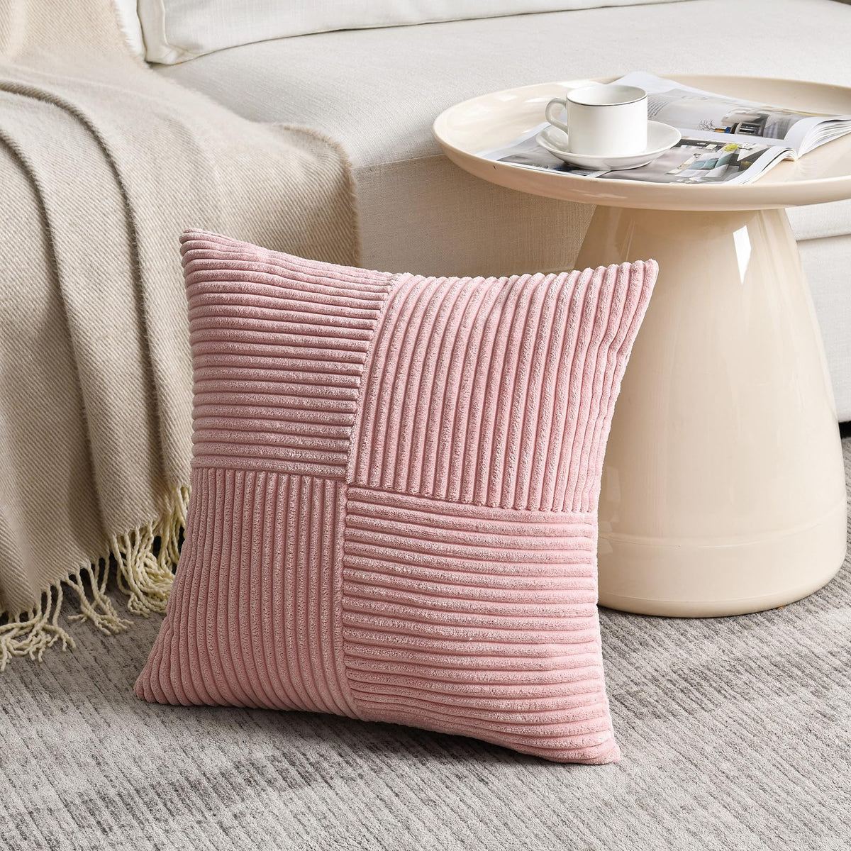 Fancy Homi Blush Pink Lumbar Decorative Throw Pillow Covers 12x20 Inch for Living Room Couch Bed, Rustic Farmhouse Boho Home Decor, Soft Striped Corduroy Rectangle Accent Cushion Case 30x50 cm