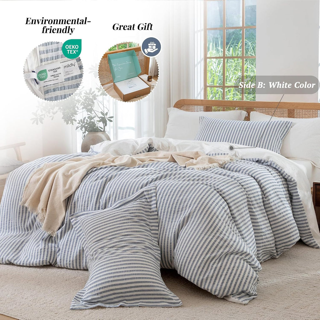 MILDLY Jacquard Striped Duvet Cover Set 3pcs Dual Zipper Blue Queen
