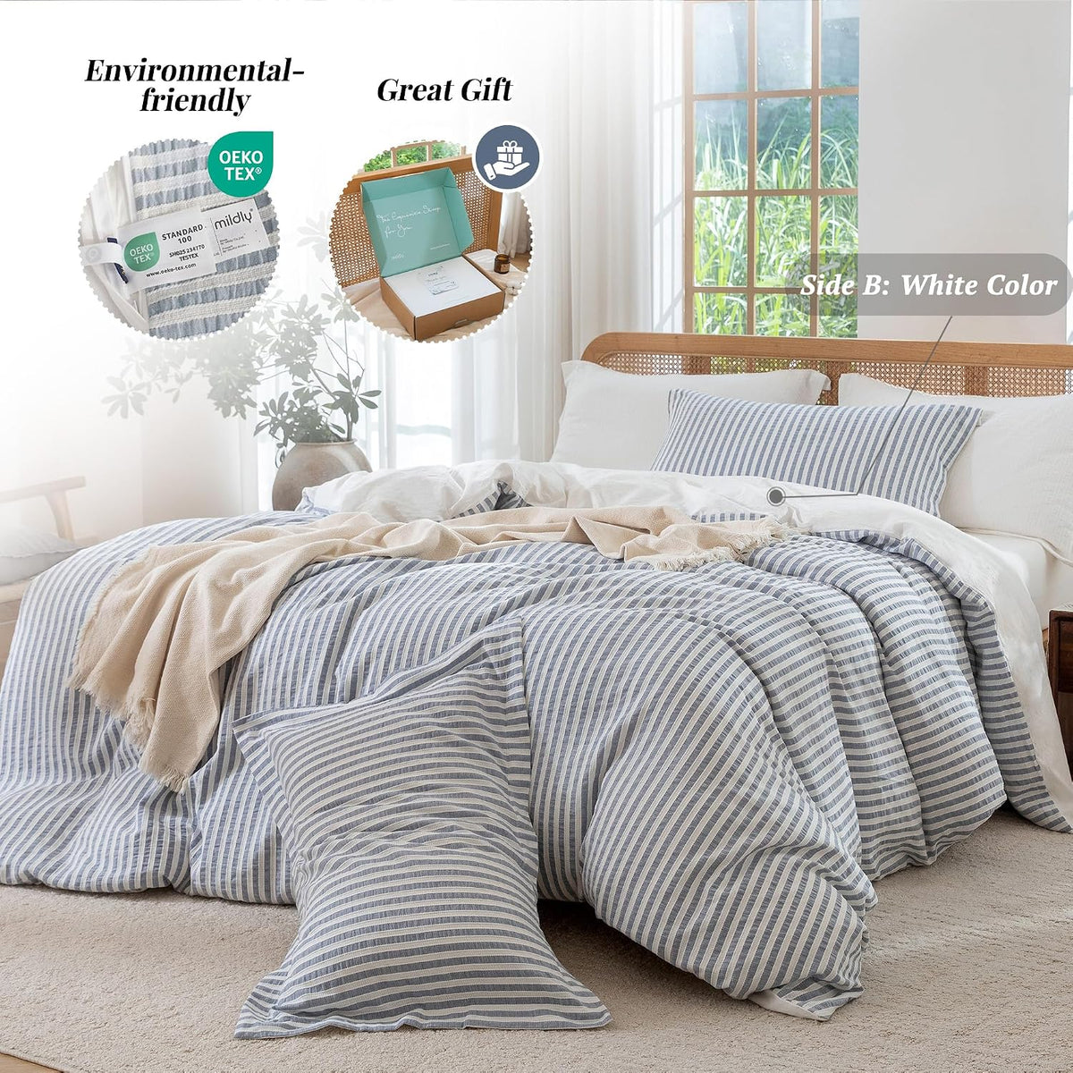 MILDLY Jacquard Striped Duvet Cover Set 3pcs Dual Zipper Blue Queen