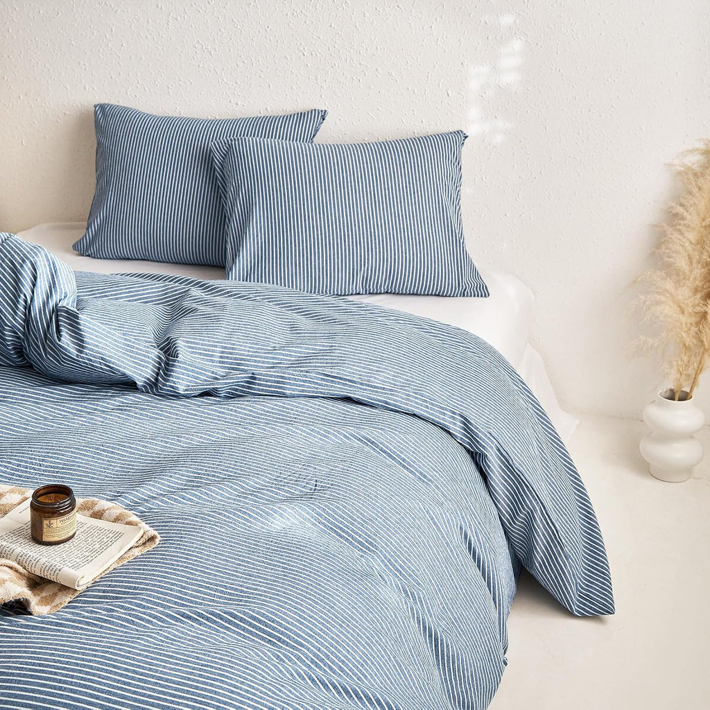 Wake In Cloud Striped Cotton Duvet Cover Set, Denim Blue, Queen