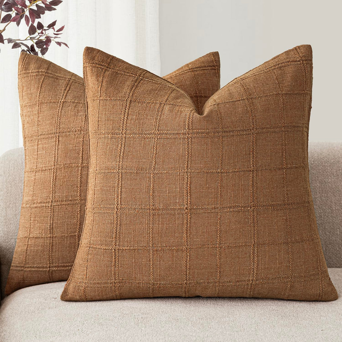 Foindtower Boho Linen Check Decorative Throw Pillow Cover 18×18 Olive Green