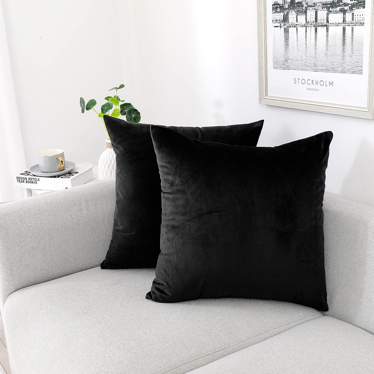NiNi ALL Black Velvet Throw Pillow Covers 18x18 Pack of 2 Decorative Couch