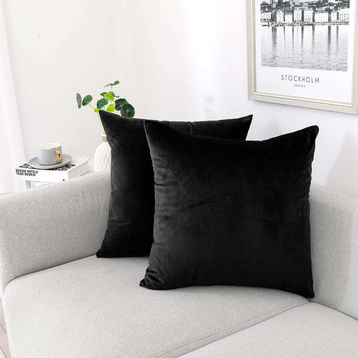 NiNi ALL Black Velvet Throw Pillow Covers 18x18 Pack of 2 Decorative Couch