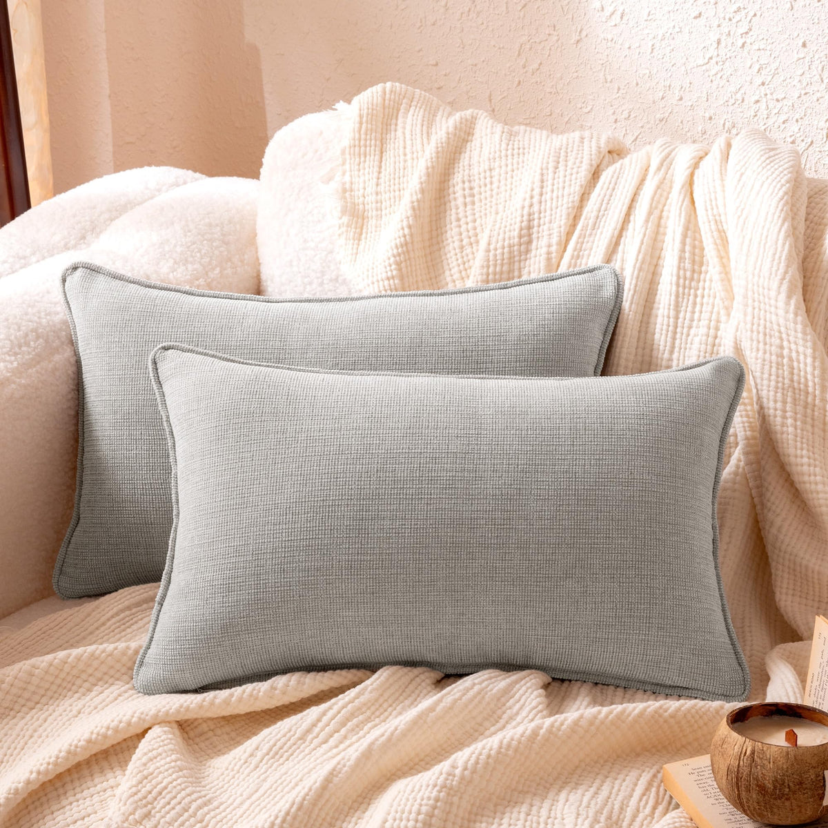 Amazon Basics Faux Linen Throw Pillow Covers with Hidden Zipper Closure, 18 × 18in, White, Pack of 2