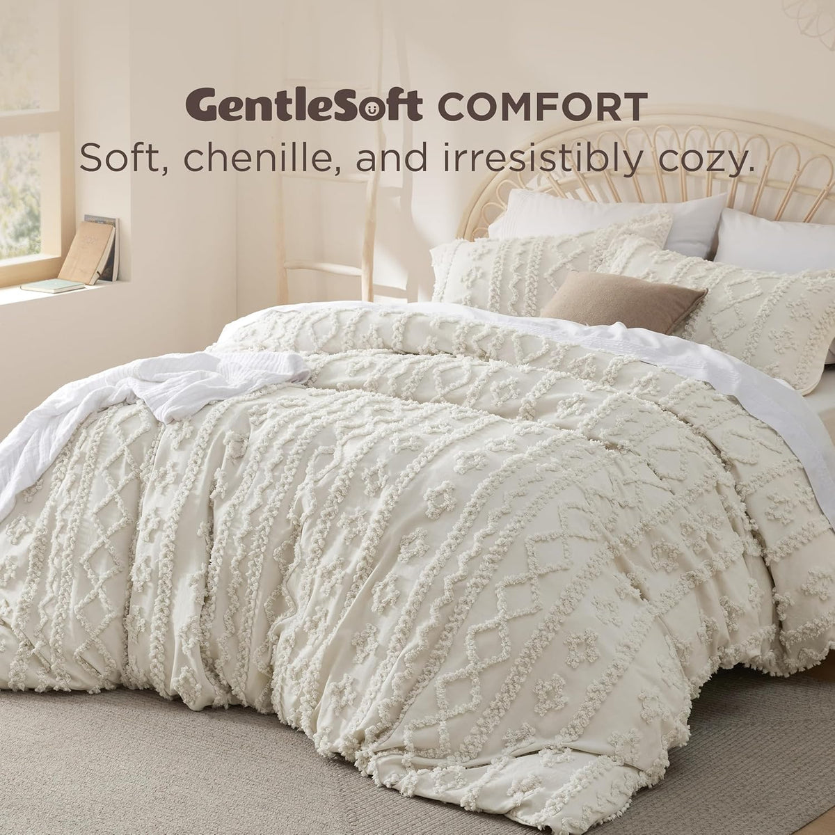 Bedsure Boho Duvet Cover Queen, Tufted Embroidery, 3-Piece, Beige