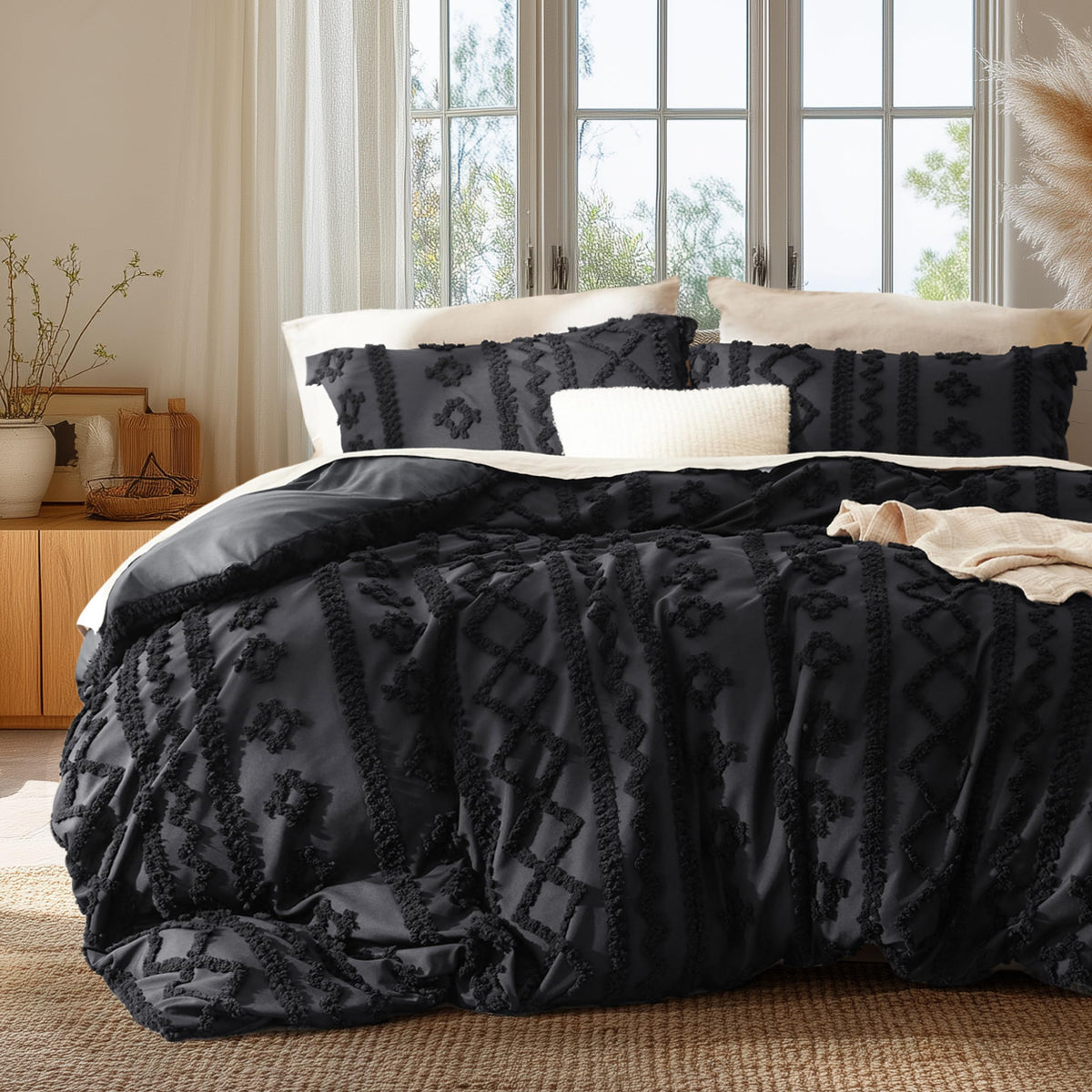 Bedsure Boho Cal King Duvet Cover, Tufted Embroidery, 3-Piece, Beige