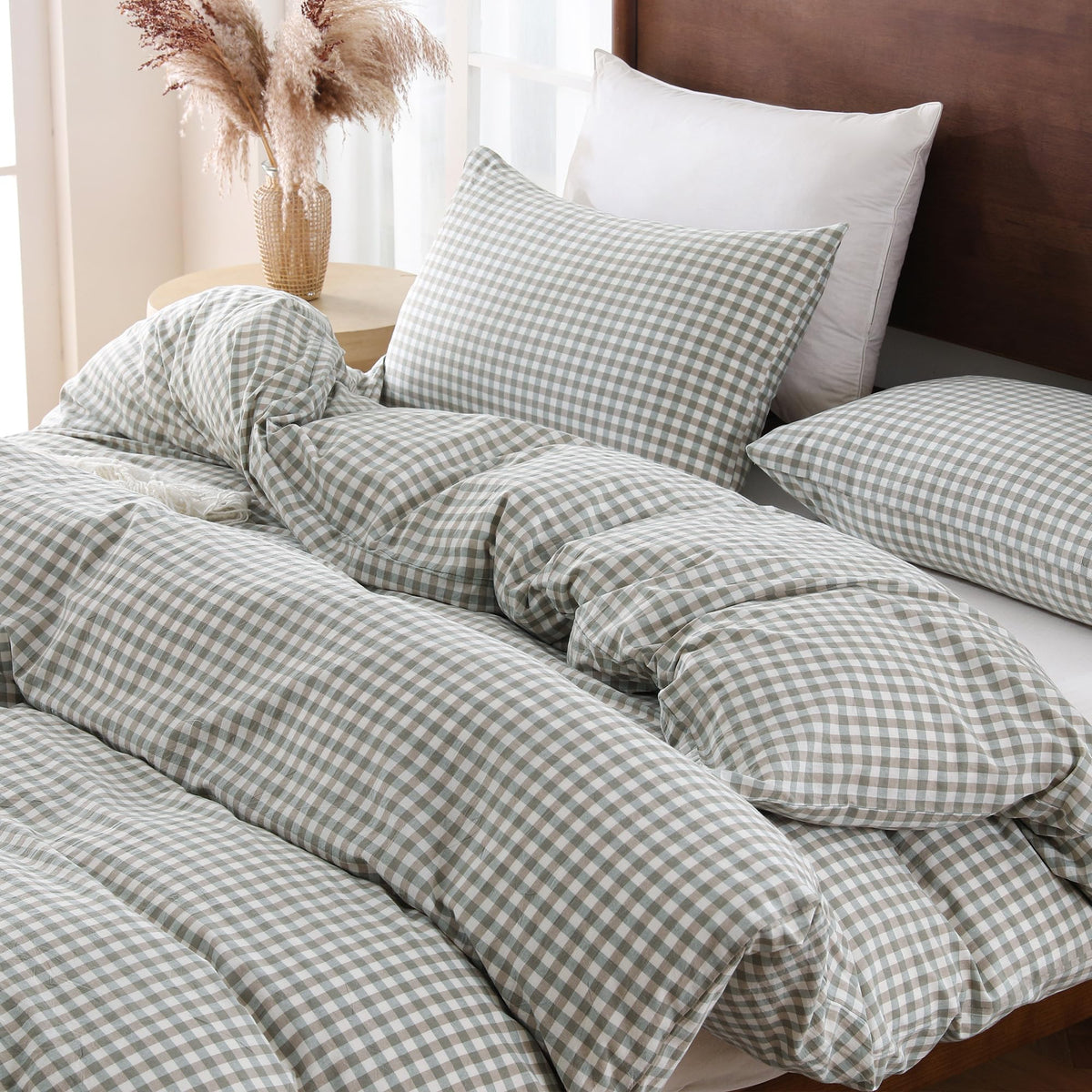 Cotton Brown Gingham Duvet Cover Bedding Set Linen Like, Queen