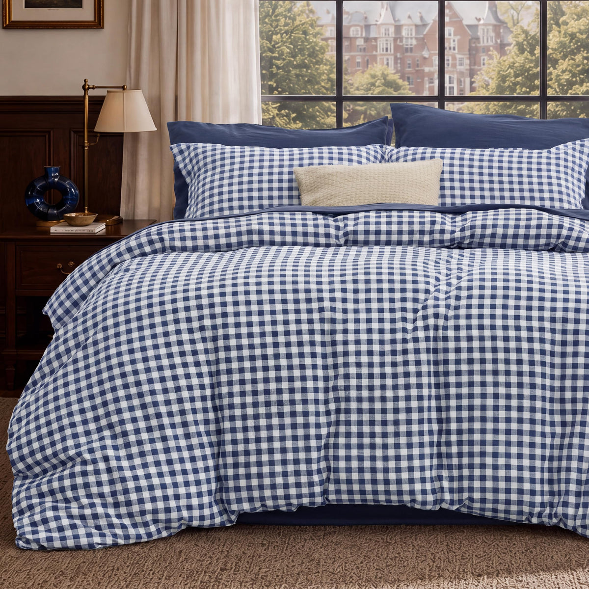 Bedsure Gingham Duvet Cover Set Cotton-Like Bedding Queen Size, Brown