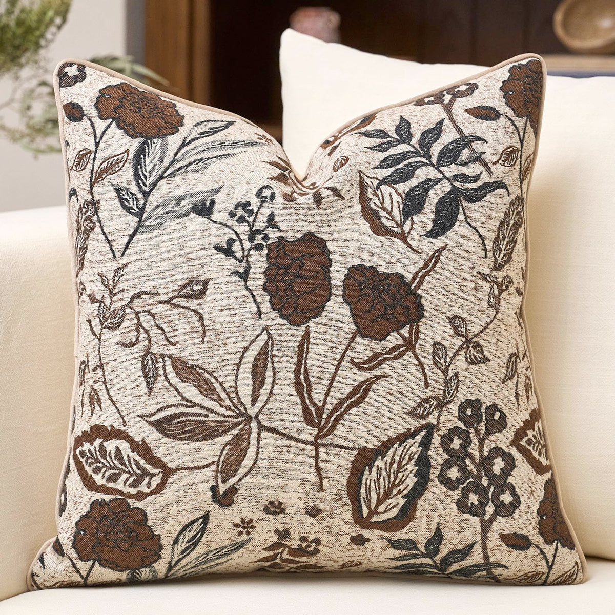 Green Floral Textured Throw Pillow Cover 18x18 Fall Vintage Rust Pillow Cover Farmhouse Summer Leaf Cushion Cover Chenille Neutral Flower Pillowcase Home Decor for Sofa Living Room Bedding