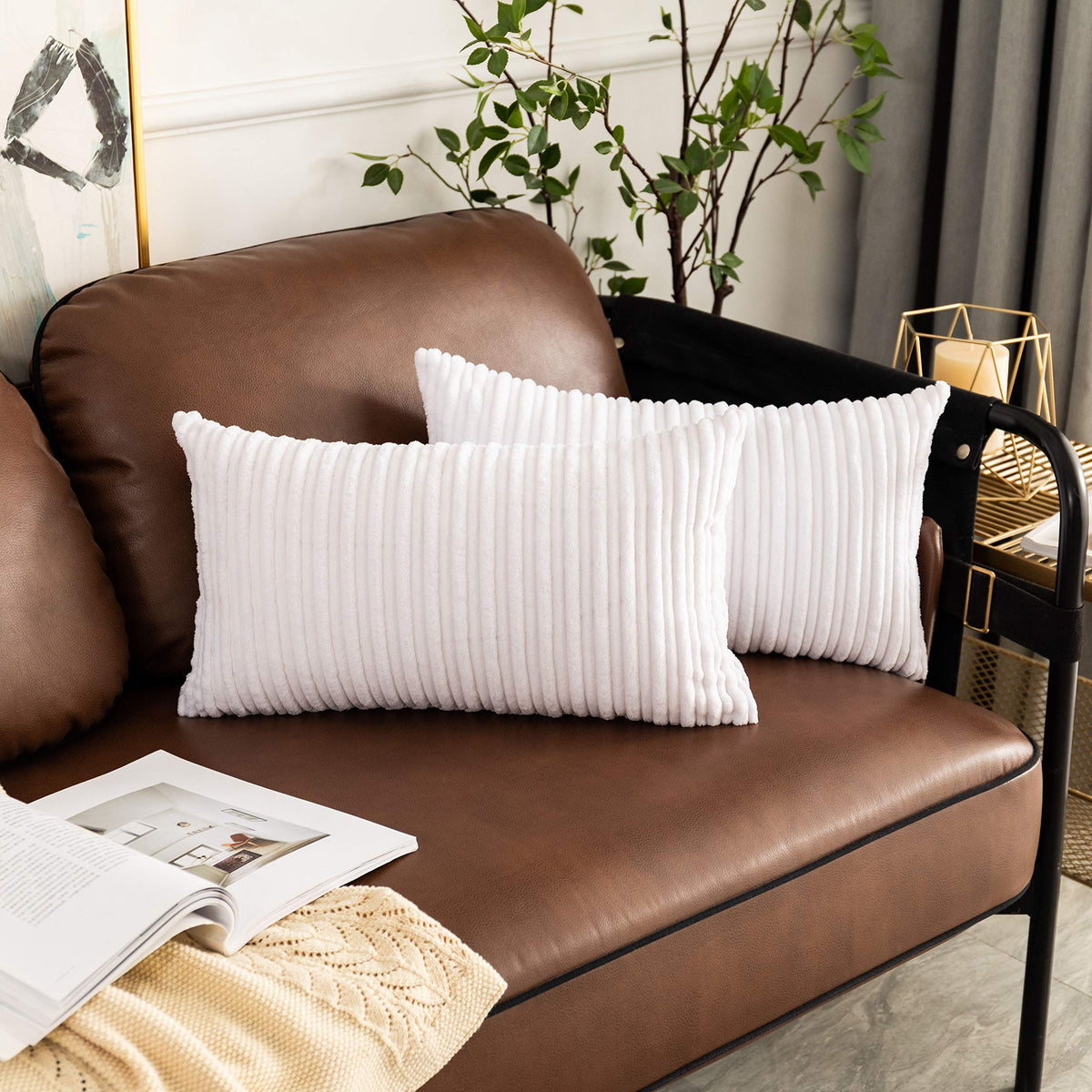 UGASA Velvet 12x20 Inch Lumbar Soft Throw Pillow Cover Boho Farmhouse Decorative Corduroy Striped Both Sides Solid Rectangular Cushion Case for Couch Bedroom Sofa Home, 1 Piece, Beige