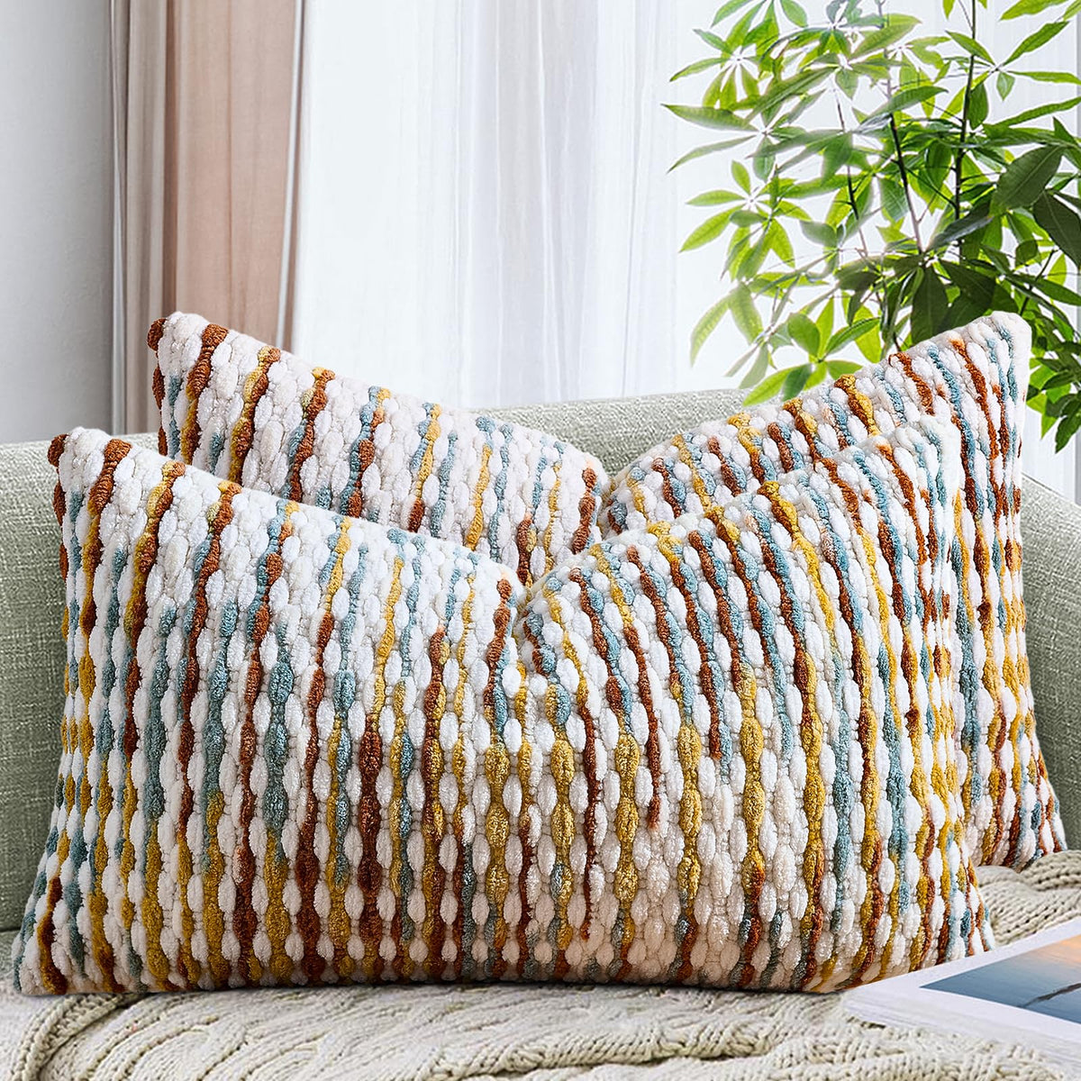 AmHoo Set of 2 Boho Chenille Pillow Cover,18 x 18-Inch Brown