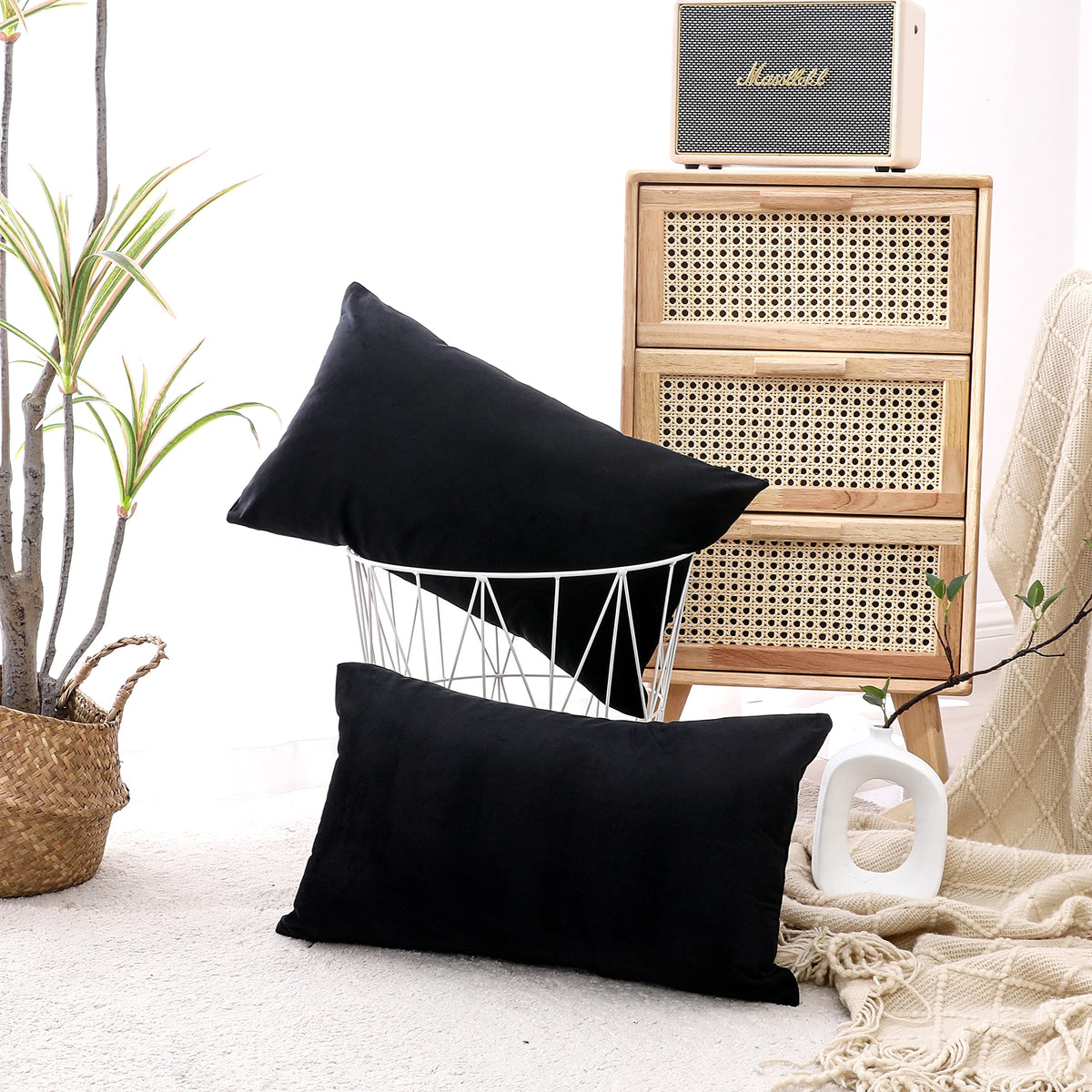 NiNi ALL Black Velvet Throw Pillow Covers 18x18 Pack of 2 Decorative Couch