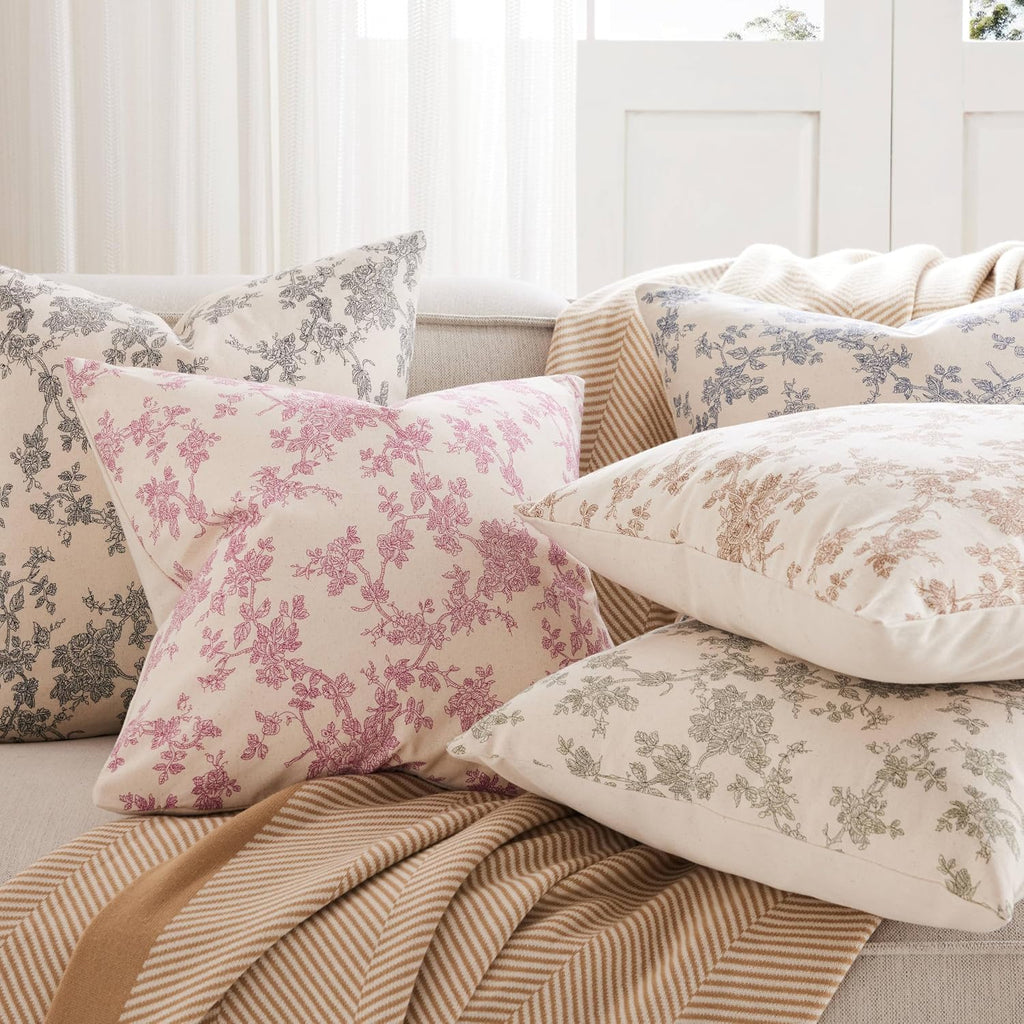 2 Pack French Floral Throw Pillow Covers 18x18in, Blue/Cream