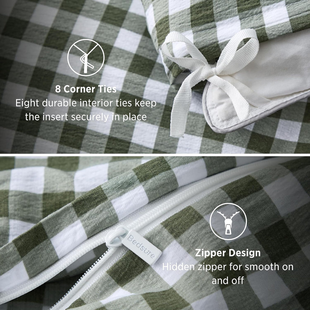 Bedsure Gingham Ruffle Duvet Cover Set, Queen, Cotton-Like Bed, Olive Green