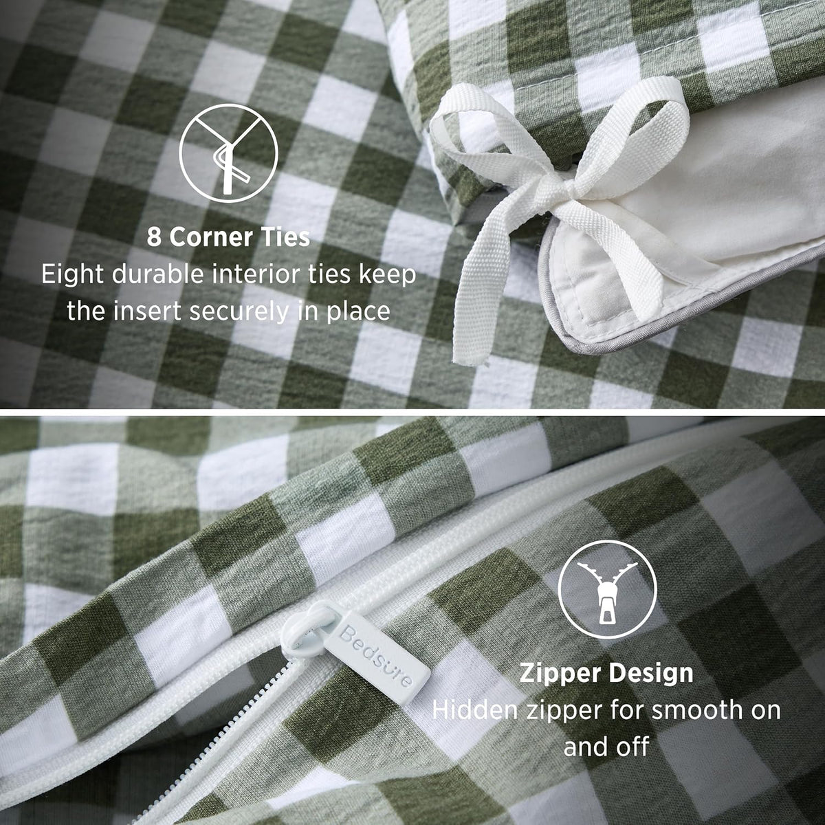 Bedsure Gingham Ruffle Duvet Cover Set, Queen, Cotton-Like Bed, Olive Green