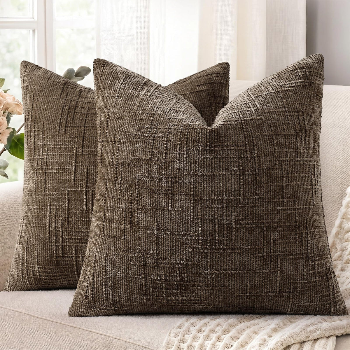 decorUhome Textured Chenille Throw Pillow Covers 18x18 Set of 2 Rust