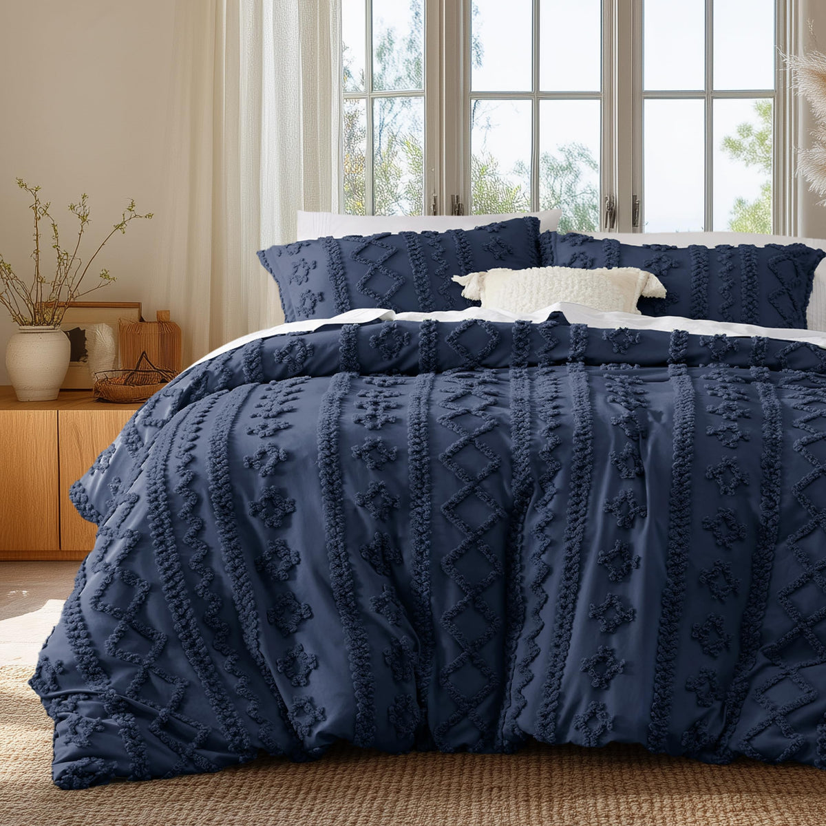Bedsure Boho Duvet Cover Queen, Tufted Embroidery, 3-Piece, Beige