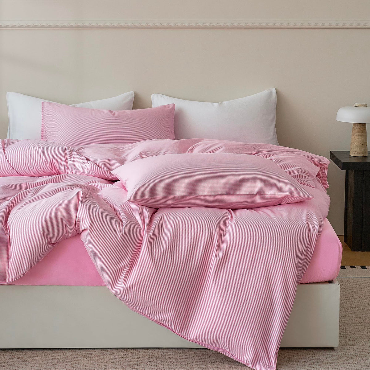 JELLYMONI 100% Cotton Classic Striped Queen Duvet Cover Set, Tan/White