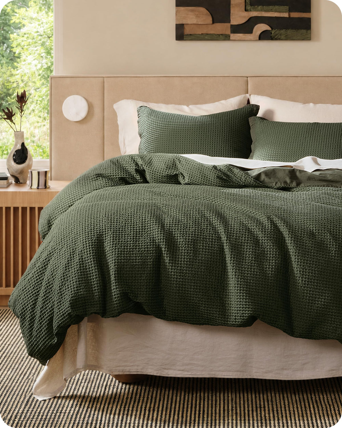 Bedsure PureWoven 3 Pieces 100% Cotton Waffle Duvet Cover Set, King, Linen