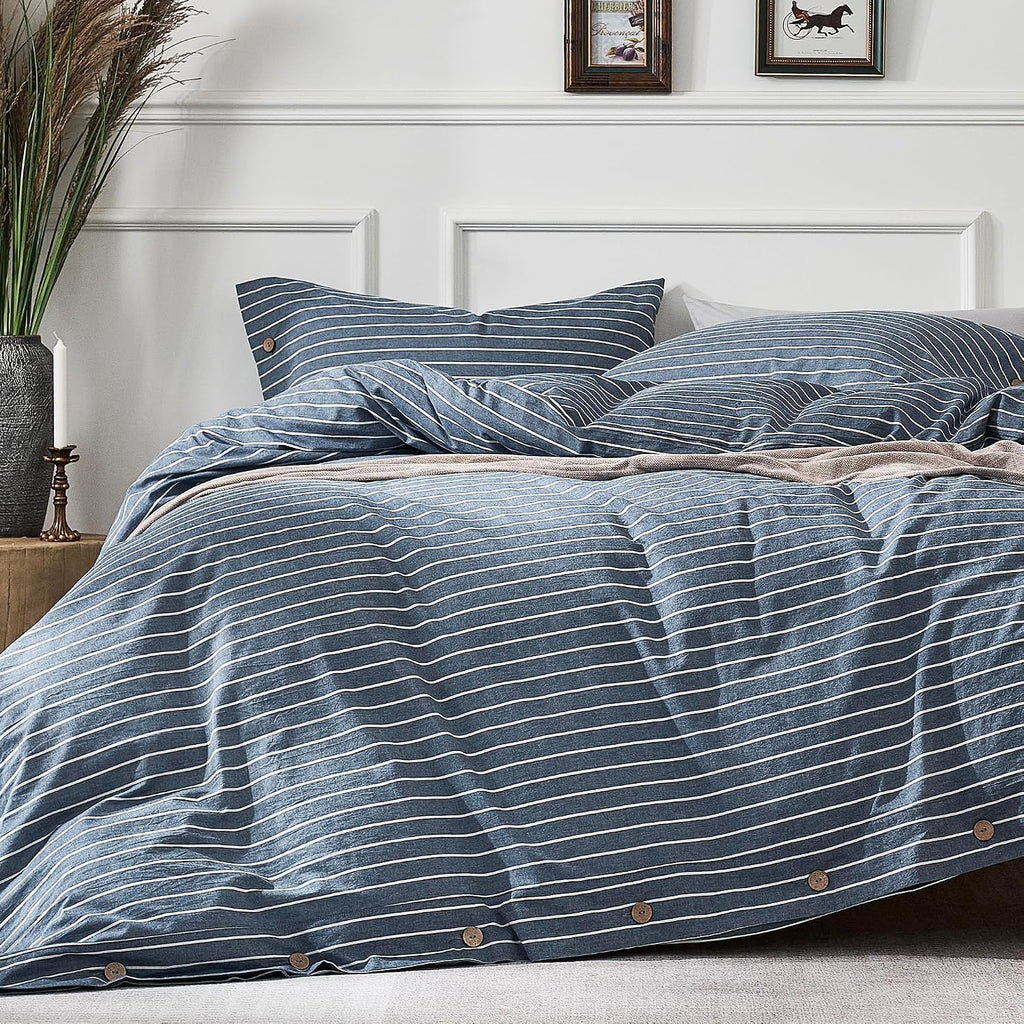 JELLYMONI 100% Washed Cotton Striped Duvet Cover Set King, Linen-Like