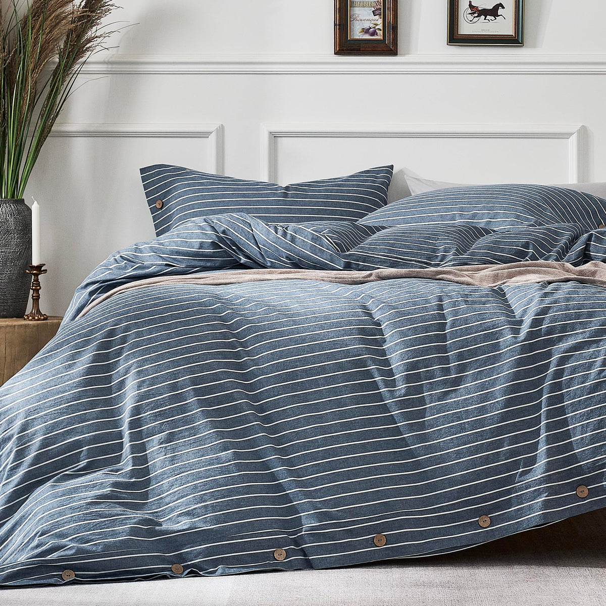 JELLYMONI 100% Washed Cotton Striped Duvet Cover Set King, Linen-Like