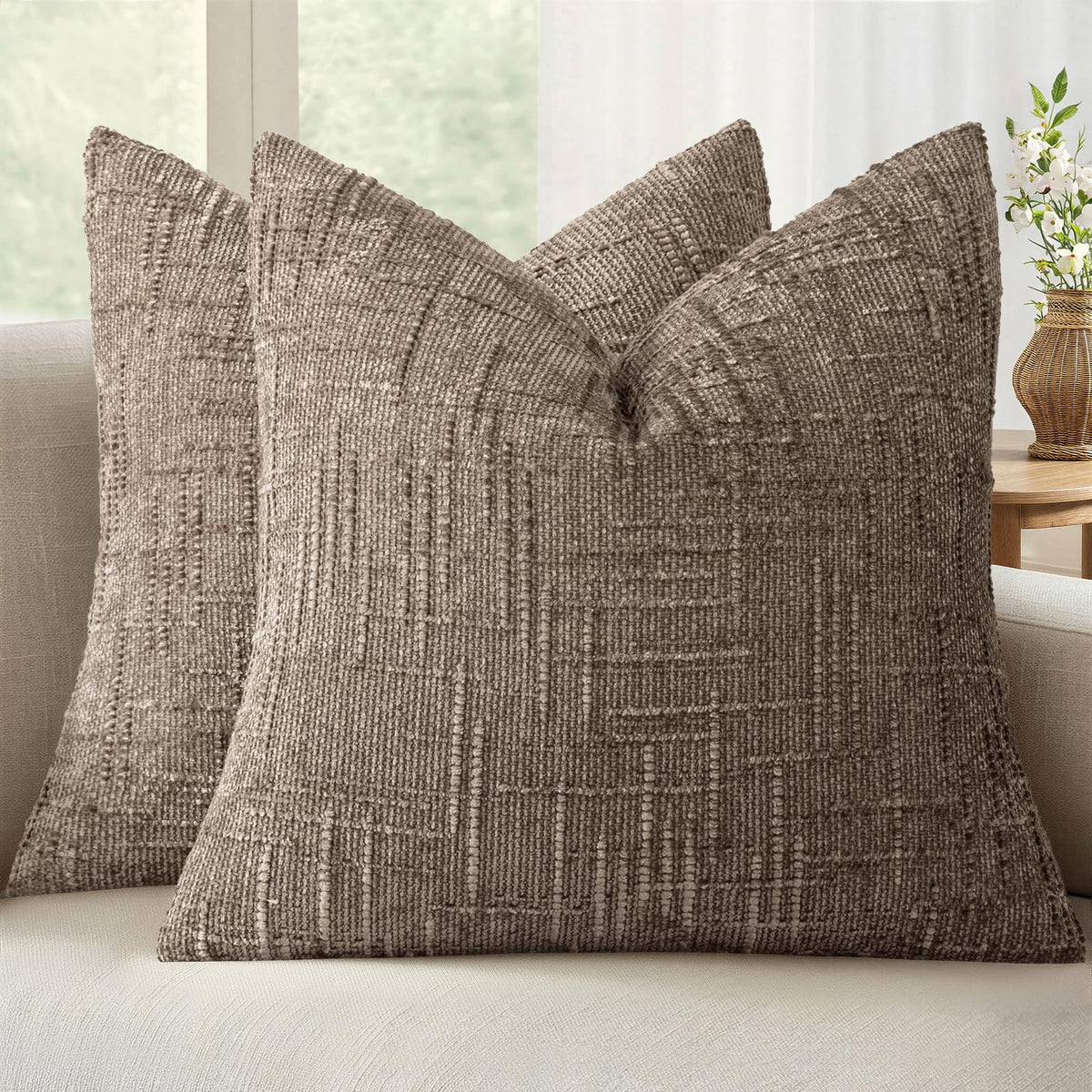 MIULEE Chenille Textured Throw Pillow Covers Cream White 20x20 Set of 2