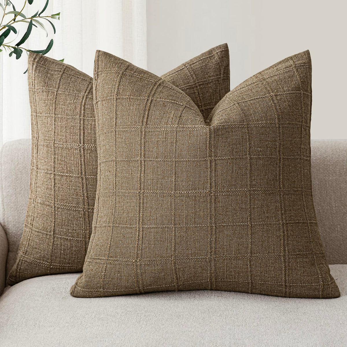 Foindtower Boho Linen Check Decorative Throw Pillow Cover 18×18 Olive Green