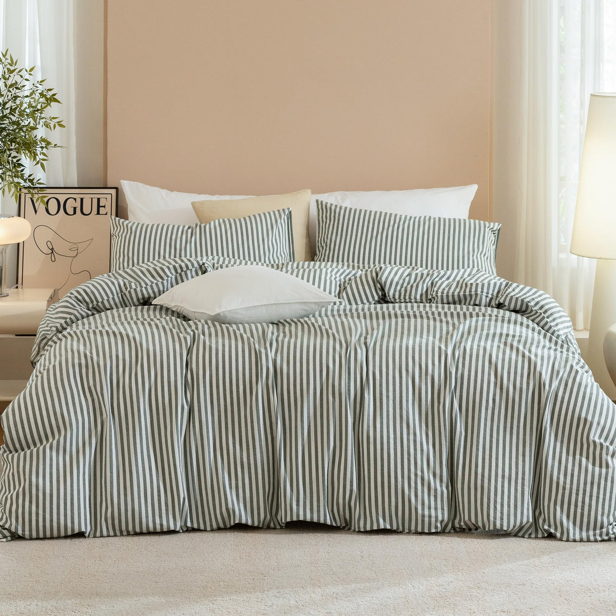 JIYUAN Queen Washed Cotton Duvet Cover Set, 3-Piece, Relaxed Linen Feel