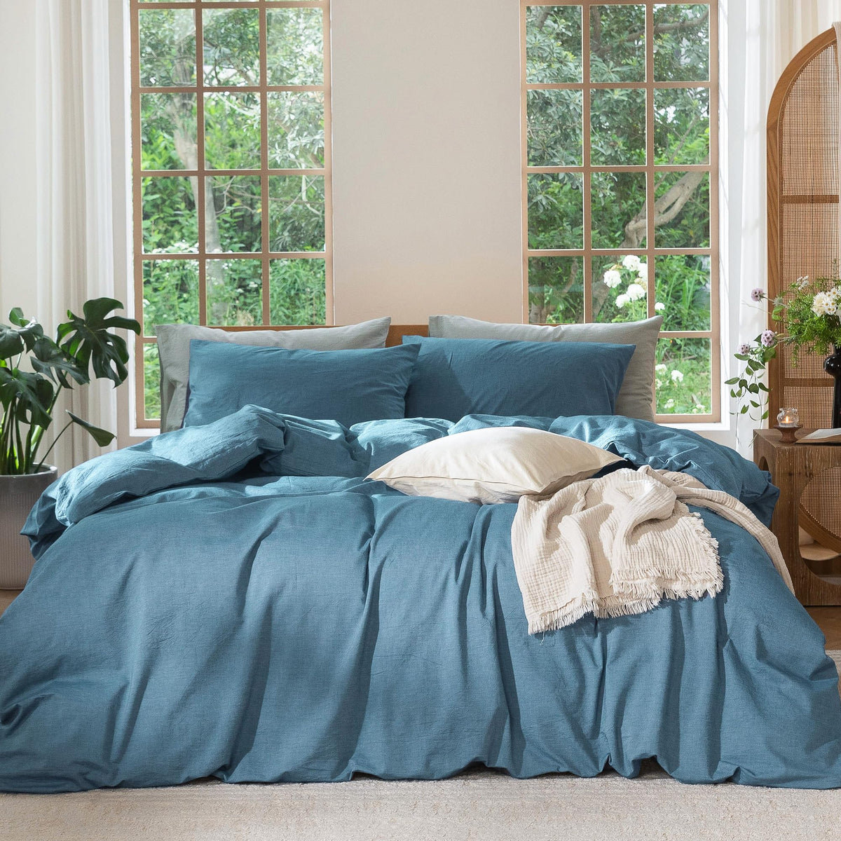 MooMee Duvet Cover Set 100% Washed Cotton Linen Like Queen