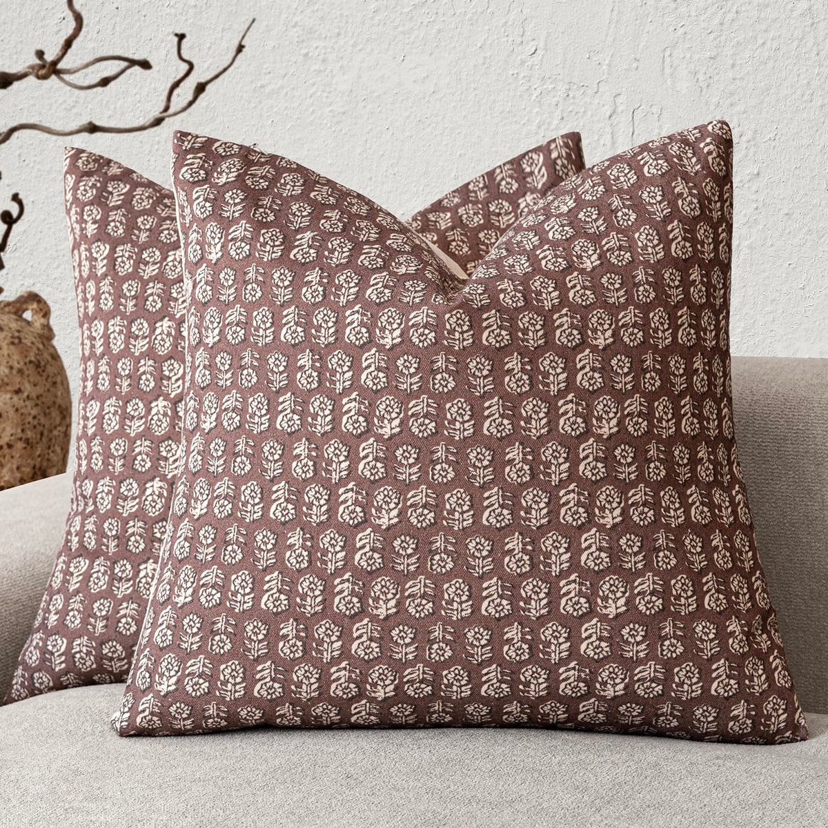 Foindtower Decorative Floral Print Throw Pillow Covers 20×20 Inch,Brown