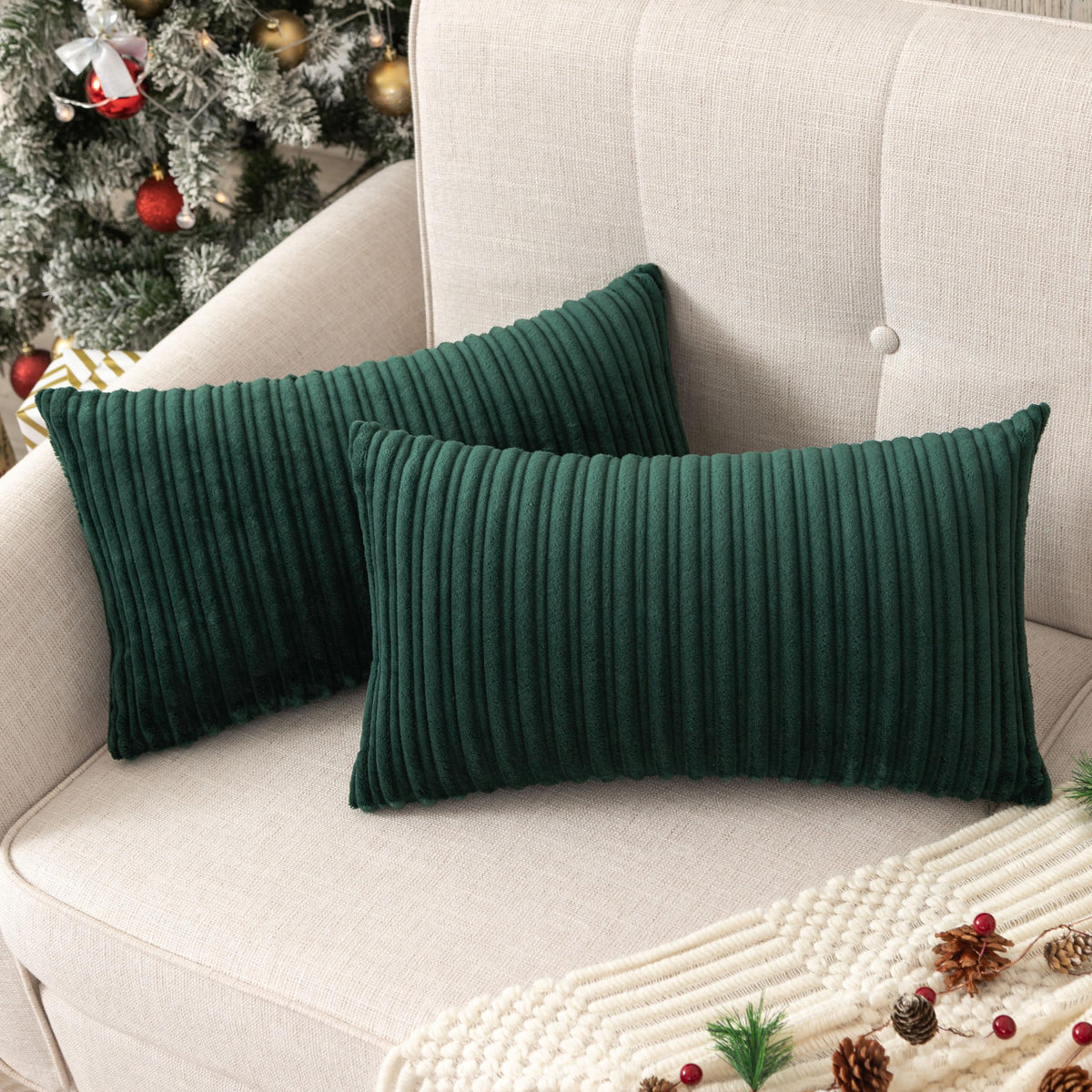 UGASA Velvet 12x20 Inch Lumbar Soft Throw Pillow Cover Boho Farmhouse Decorative Corduroy Striped Both Sides Solid Rectangular Cushion Case for Couch Bedroom Sofa Home, 1 Piece, Beige