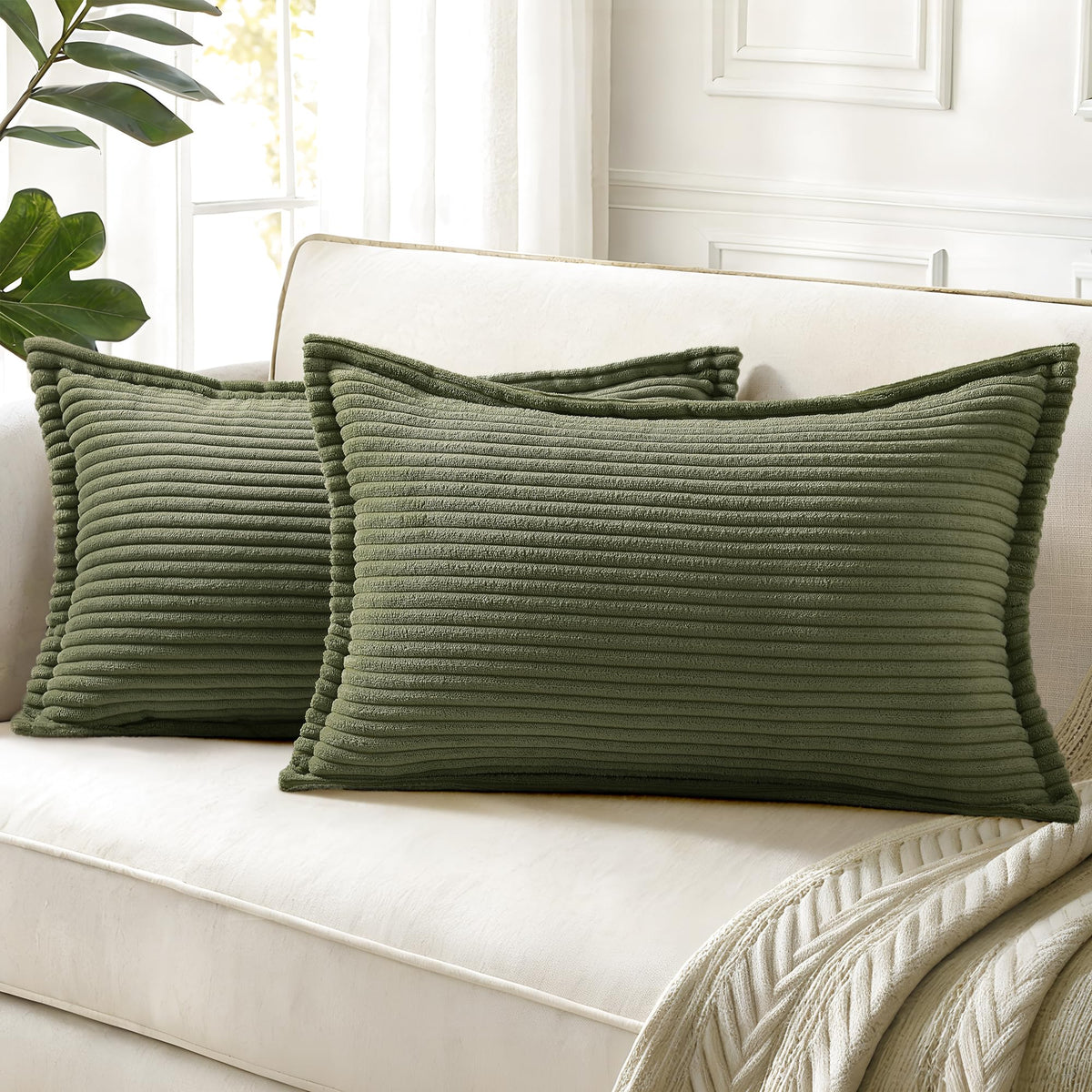 decorUhome Fall Corduroy Olive Green Throw Pillow Covers 18x18 Set of 2